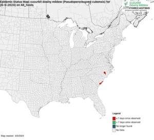 counties reporting disease are red on this US map